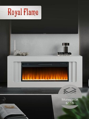 Изображение товара Камин электрический напольный Royal Flame Line с очагом Vision 42 LED, портал из МДФ в белом цвете, очаг с кристаллами, пульт ДУ, реальный эффект пламени, обогрев 1.5 кВт