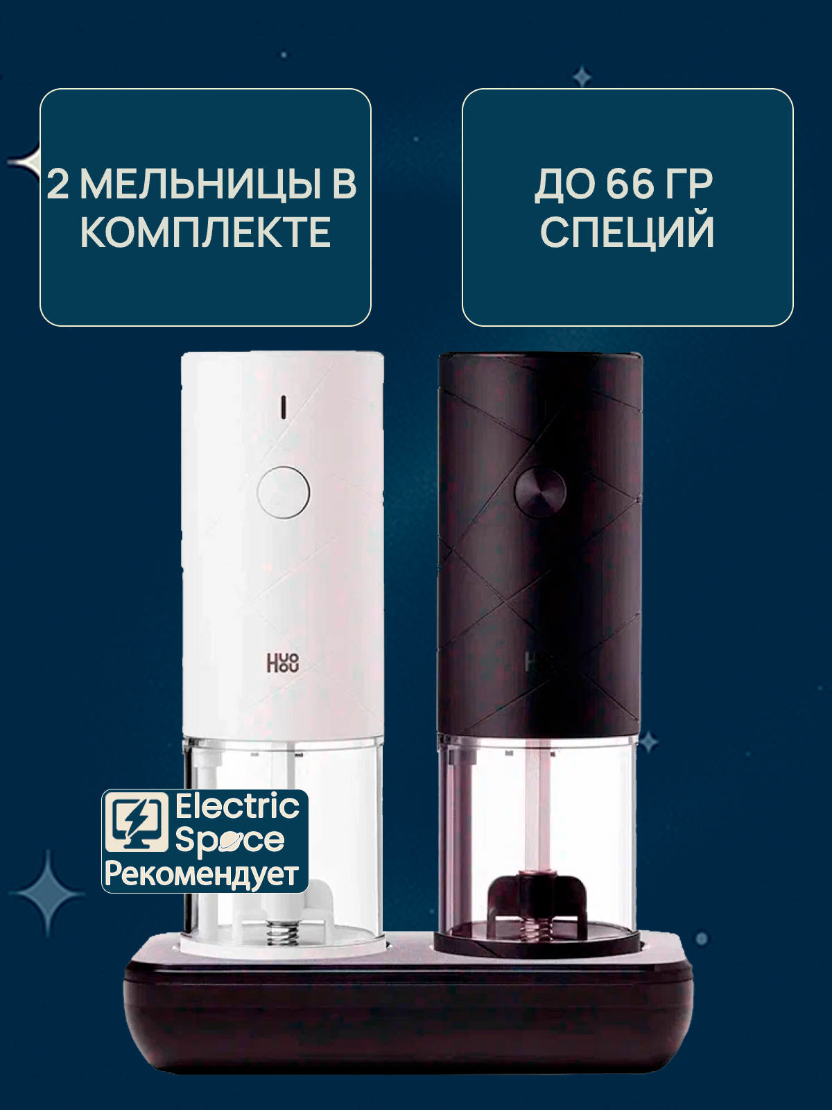 Набор электрических мельниц HuoHou Electric Grinder Rechargable, аккумулятор и подставка, 2 шт, белая/черная — фото 1