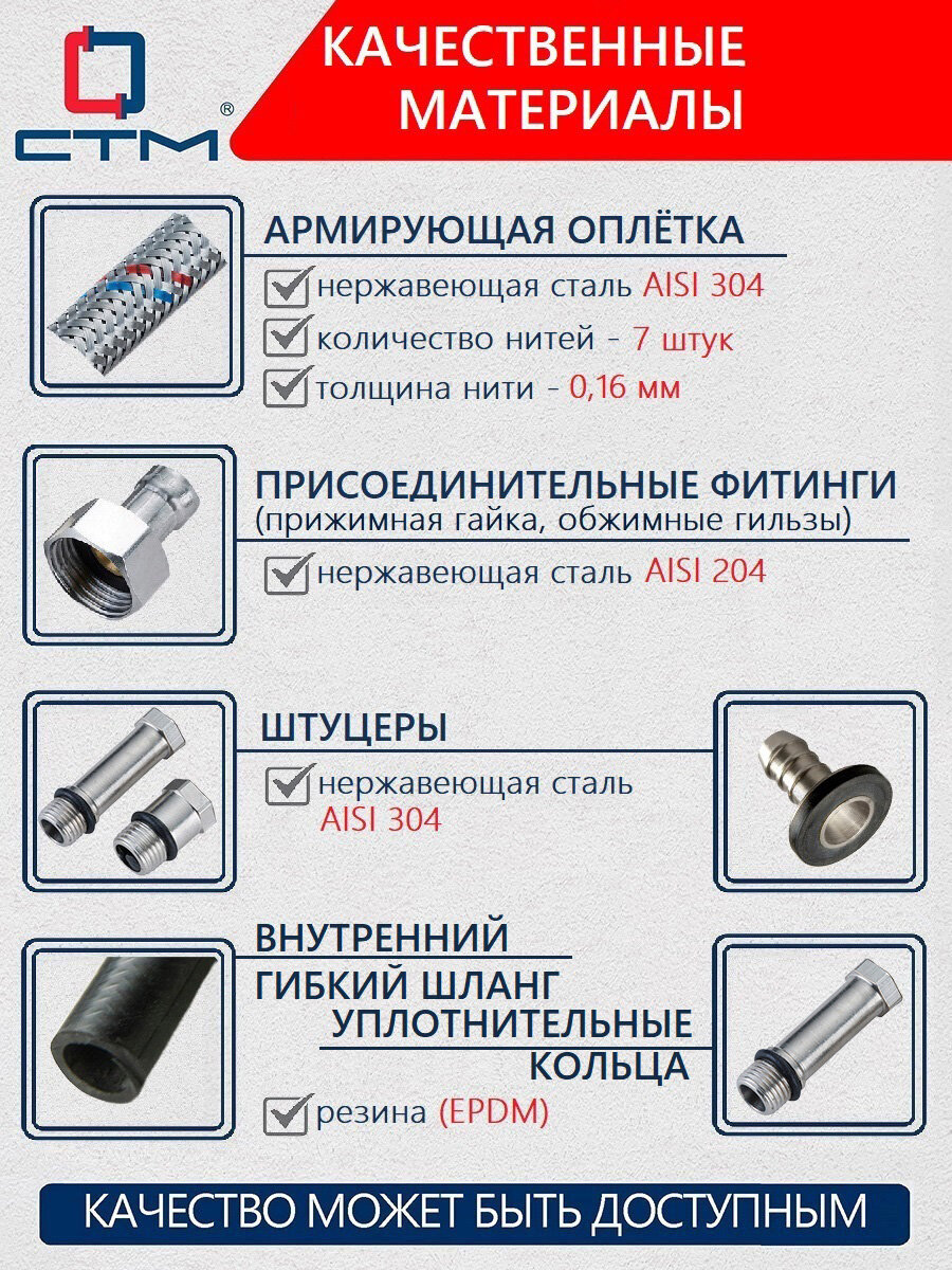 Гибкая подводка для смесителя СТМ длина 40 см (пара), резьба 1/2"xM10, нержавеющая сталь — фото 1