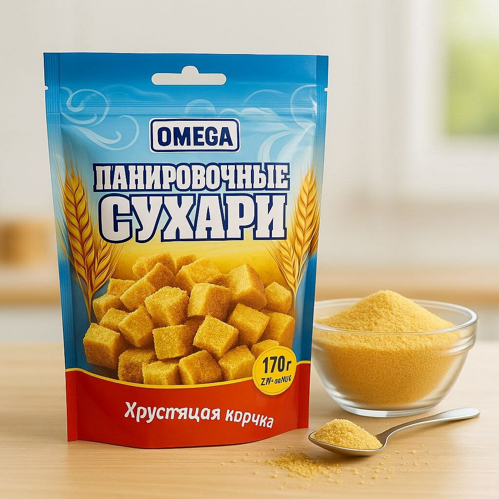 OMEGA Панировочные сухари, 170 г, дой-пак из качественного пшеничного хлеба,