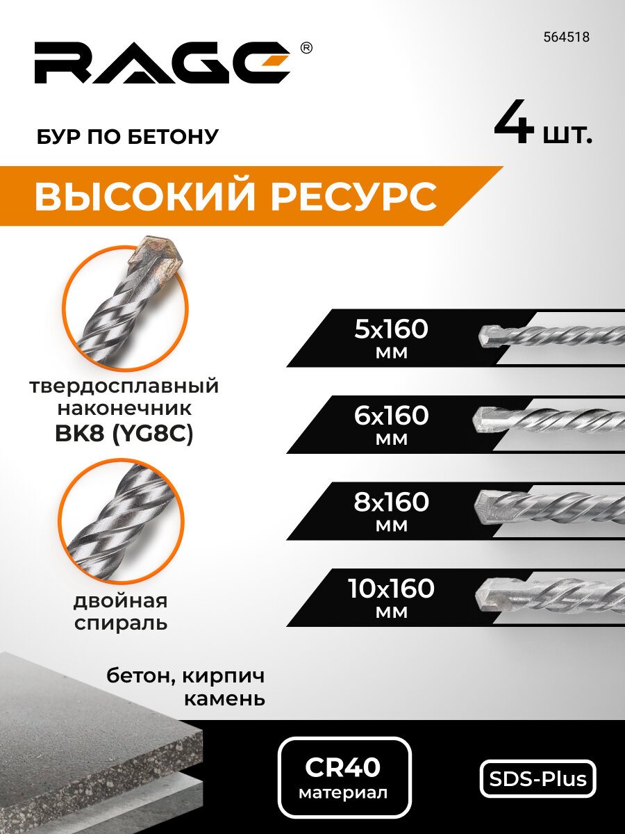 Набор буров по бетону 56810х160 SDS-plus RAGE by VIRA