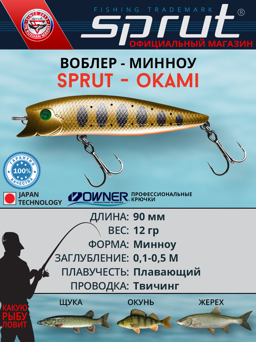 Воблер Sprut Okami Floating/90mm/12g/0,1-0,5m/GDN1
