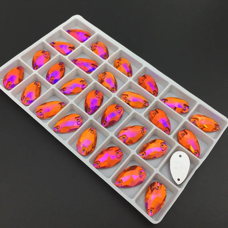 Стразы стеклянные AB цвета для шитья orange red ab 11x18mm 20pcs