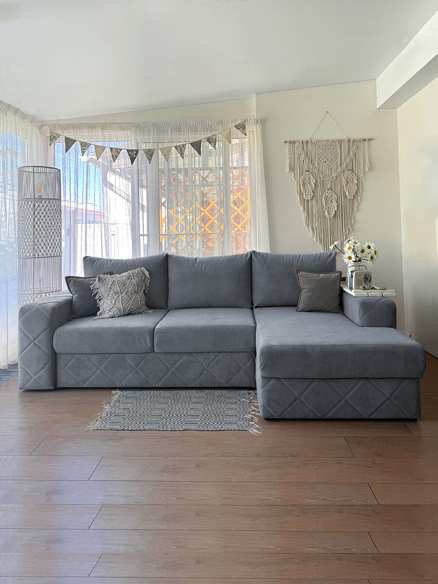 Угловой диван "Райли" с локтем в оттоманке Эконом плюс, 260x156x108 см "Нэндо", механизм Еврокнижка, Lamb Steel