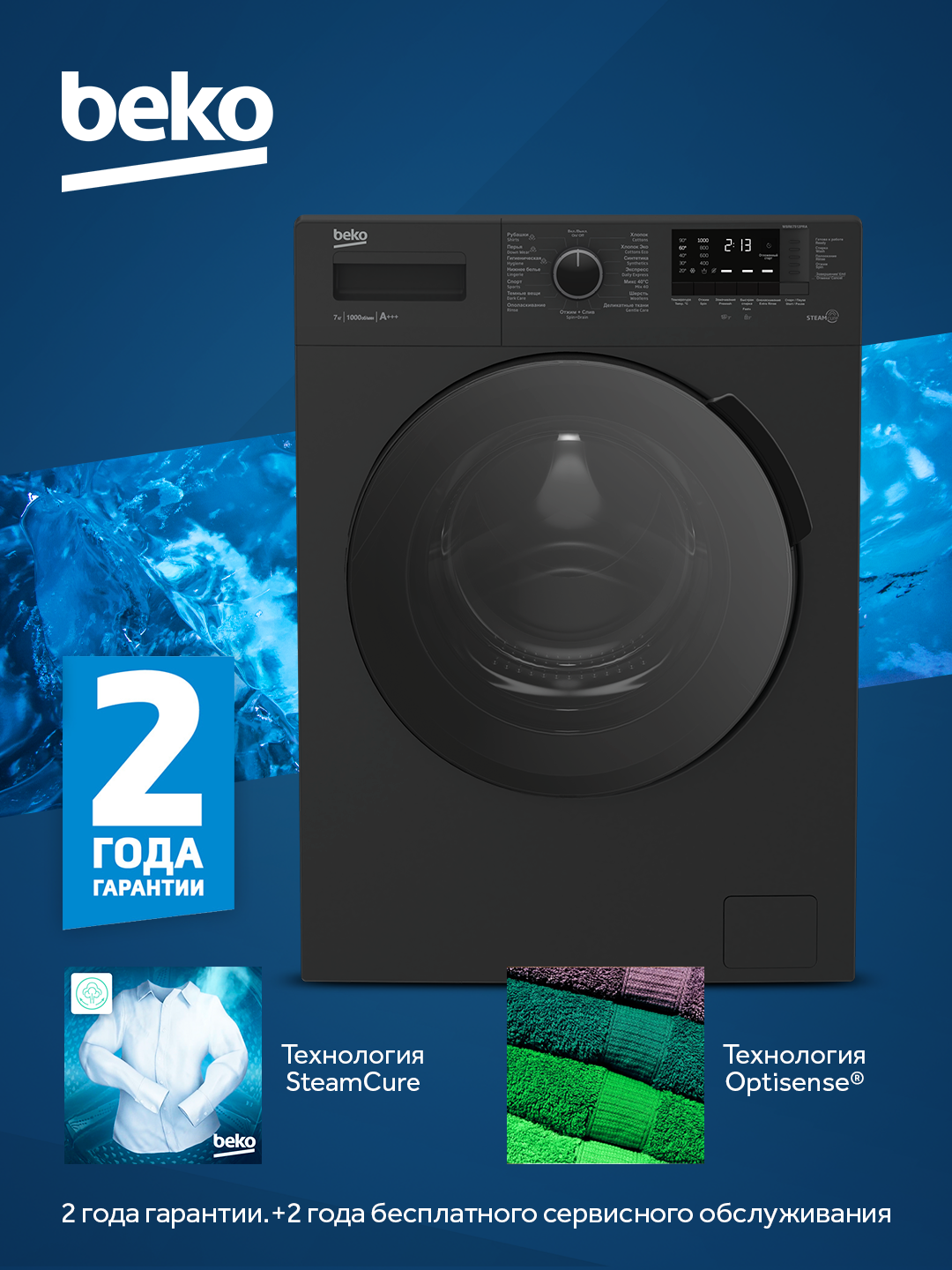 Стиральная машина Beko WSRE7512PRA, 15 программ, 7 кг, 1000 об/мин