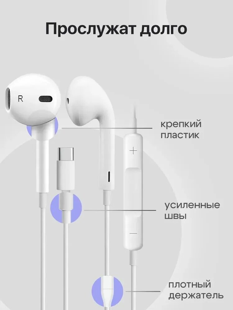 Оригинальные наушники для iPhone с разъёмом Type-C, с микрофоном, белые — фото 1