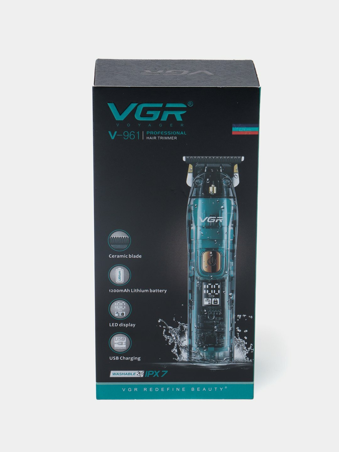 Триммер VGR V-961, роторный мотор 6500 об./мин, LED-дисплей, 4 насадки, влагозащита IPX7
