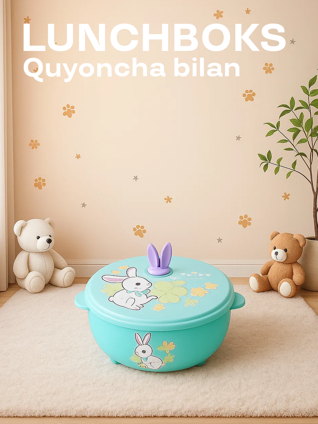 Детский разделённый ланчбокс с милым кроликом и крышкой-ушками из нержавеющей стали 304
