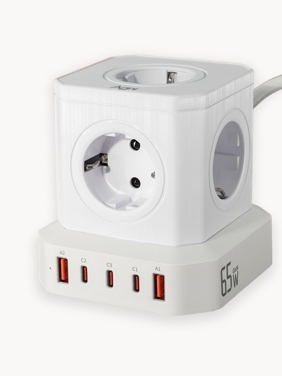 Сетевой фильтр с технологией GAN, AGNI, 5 розетки + 2 USB / 3 TYPE-C быстрая зарядка 65 W, кабель 2м
