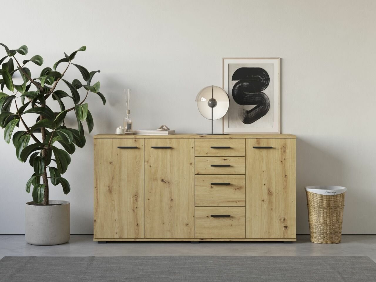 Комод FUN КД 4, комод деревянный с распашными дверцами и ящиками, Дуб Артизан, 137,8x340x740мм (ШхГхВ)