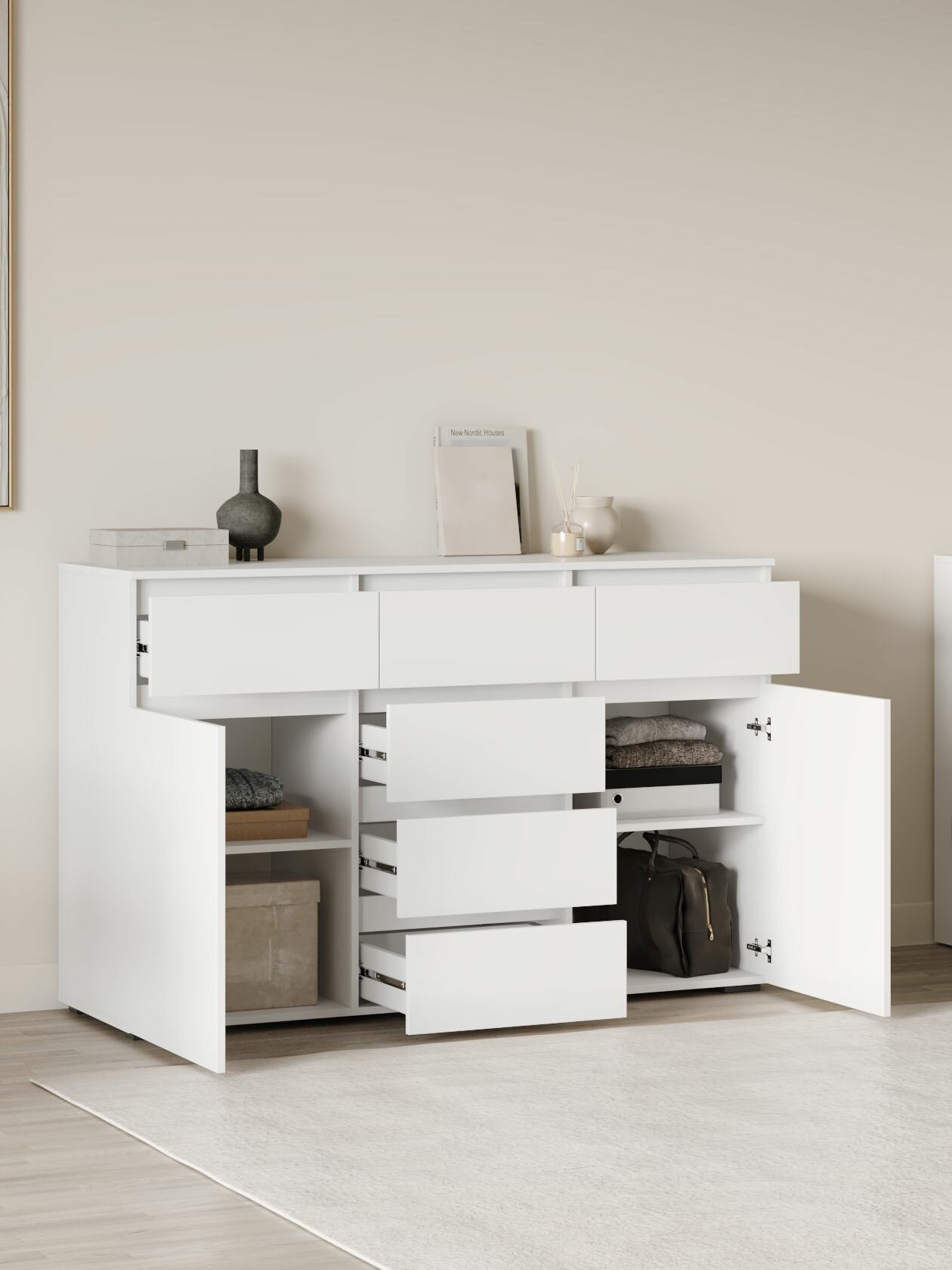 Комод для одежды и хранения вещей Ирэн с полками, с ящиками, 150.2х46х95.8 см, Белый — фото 1