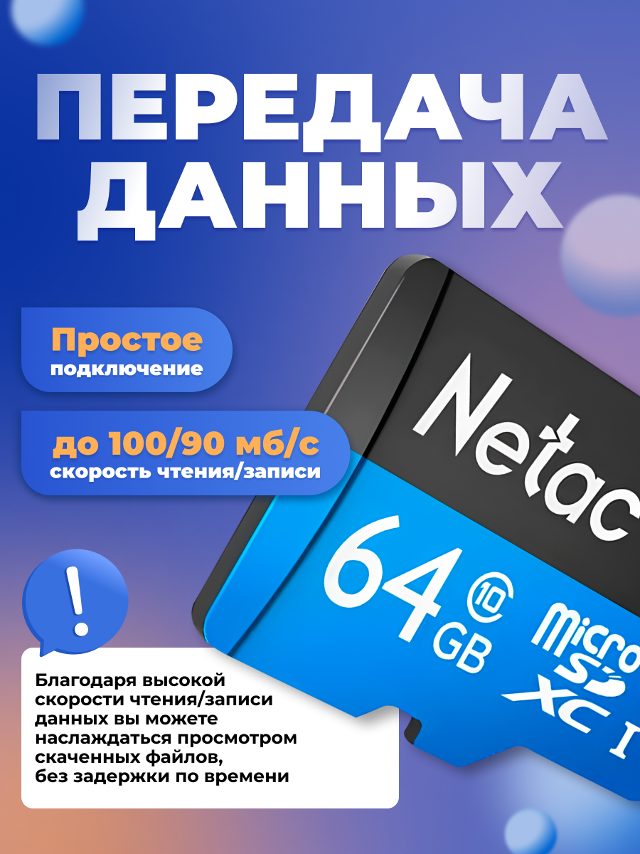 Карта памяти microSD Netac 64 ГБ Class 10 Standard — фото 1
