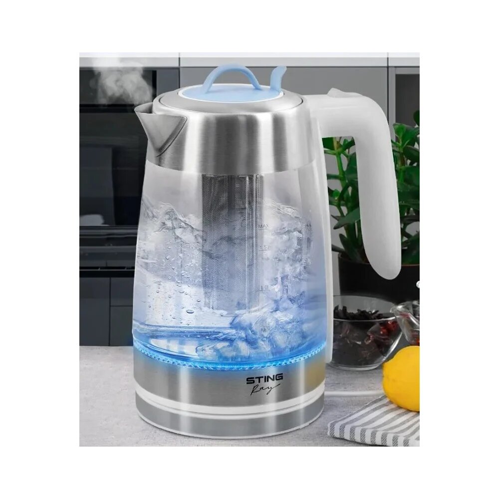 Стеклянный чайник STINGRAY ST-KT3006A белый/голубой 41096