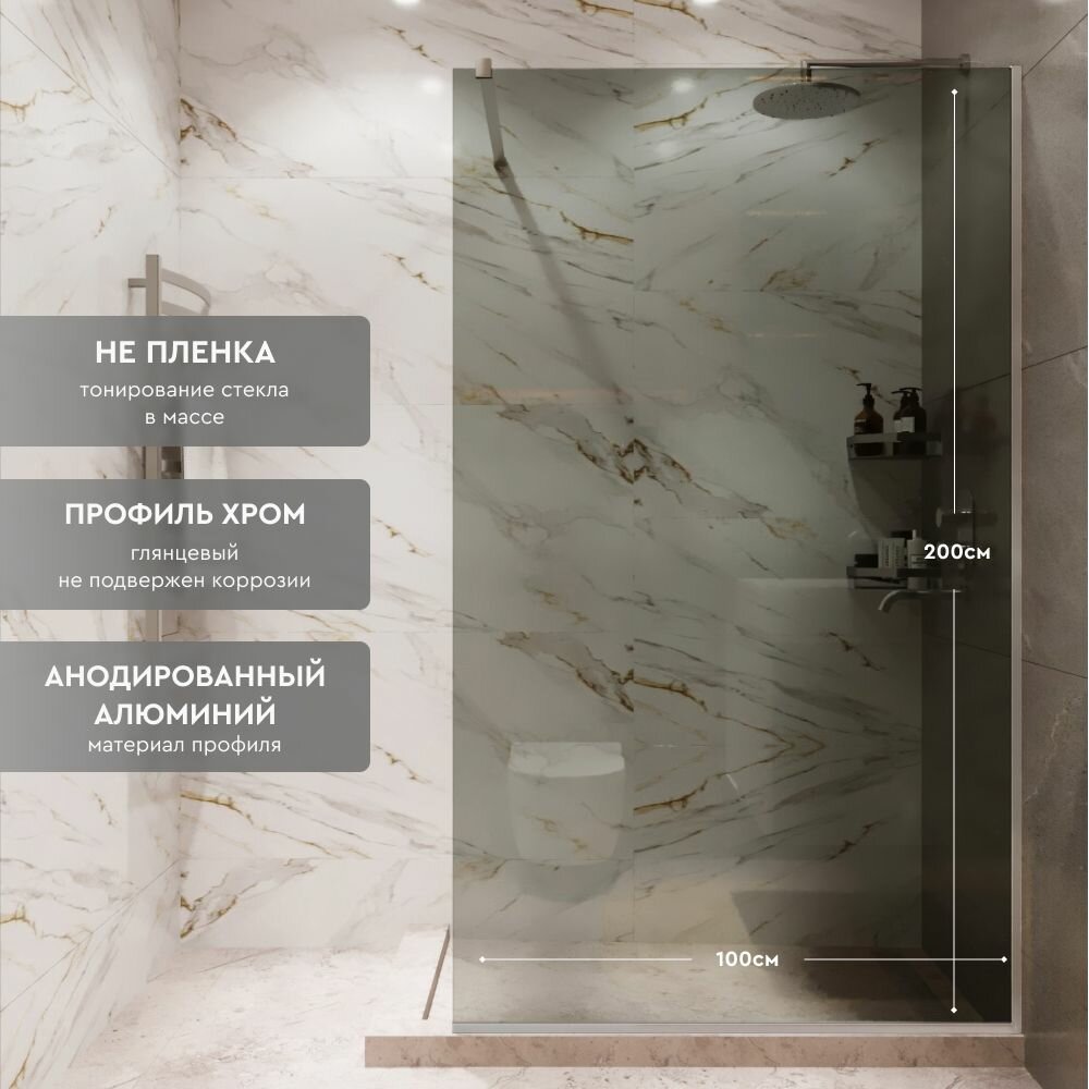 Душевая перегородка Walk In MEBELVANN 1000x2000 профиль хром тонированное стекло 8 мм — фото 1