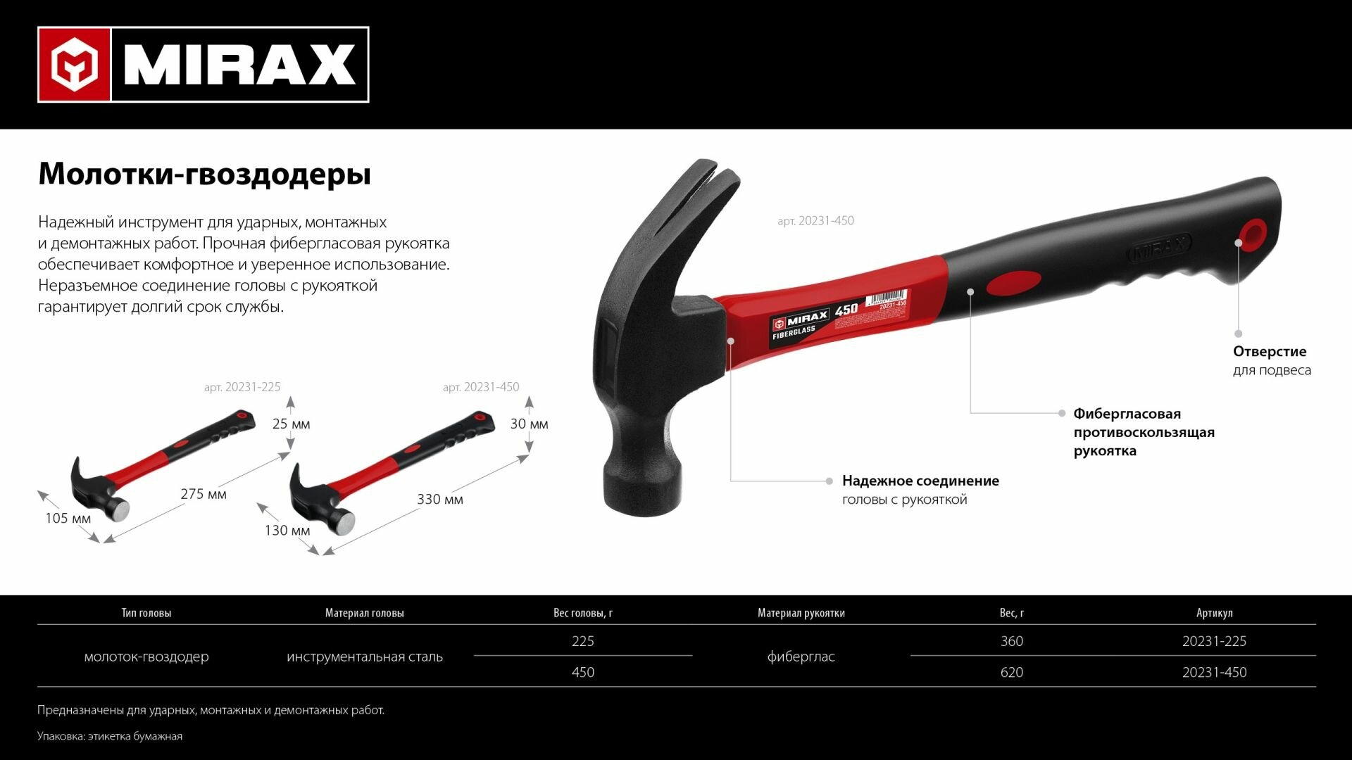 Столярный молоток-гвоздодёр MIRAX, 225 г, фиберглассовая рукоятка 20231-225 — фото 1