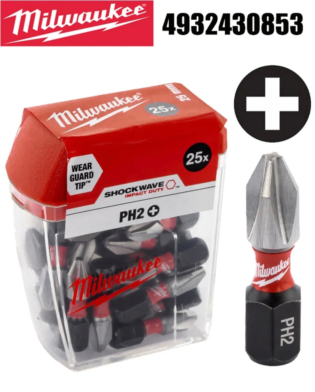 Набор бит Milwaukee 4932430853 Shockwave  односторонние PH2 25шт.