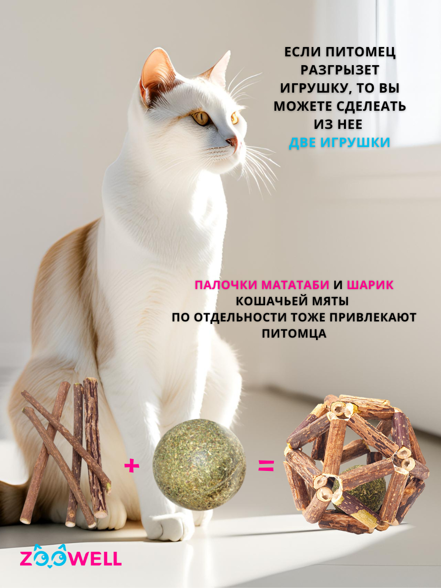 Игрушка для кошек ZooWell шар из палочек Мататаби Actinidia polygama для чистки зубов с кошачьей мятой 6см — фото 1