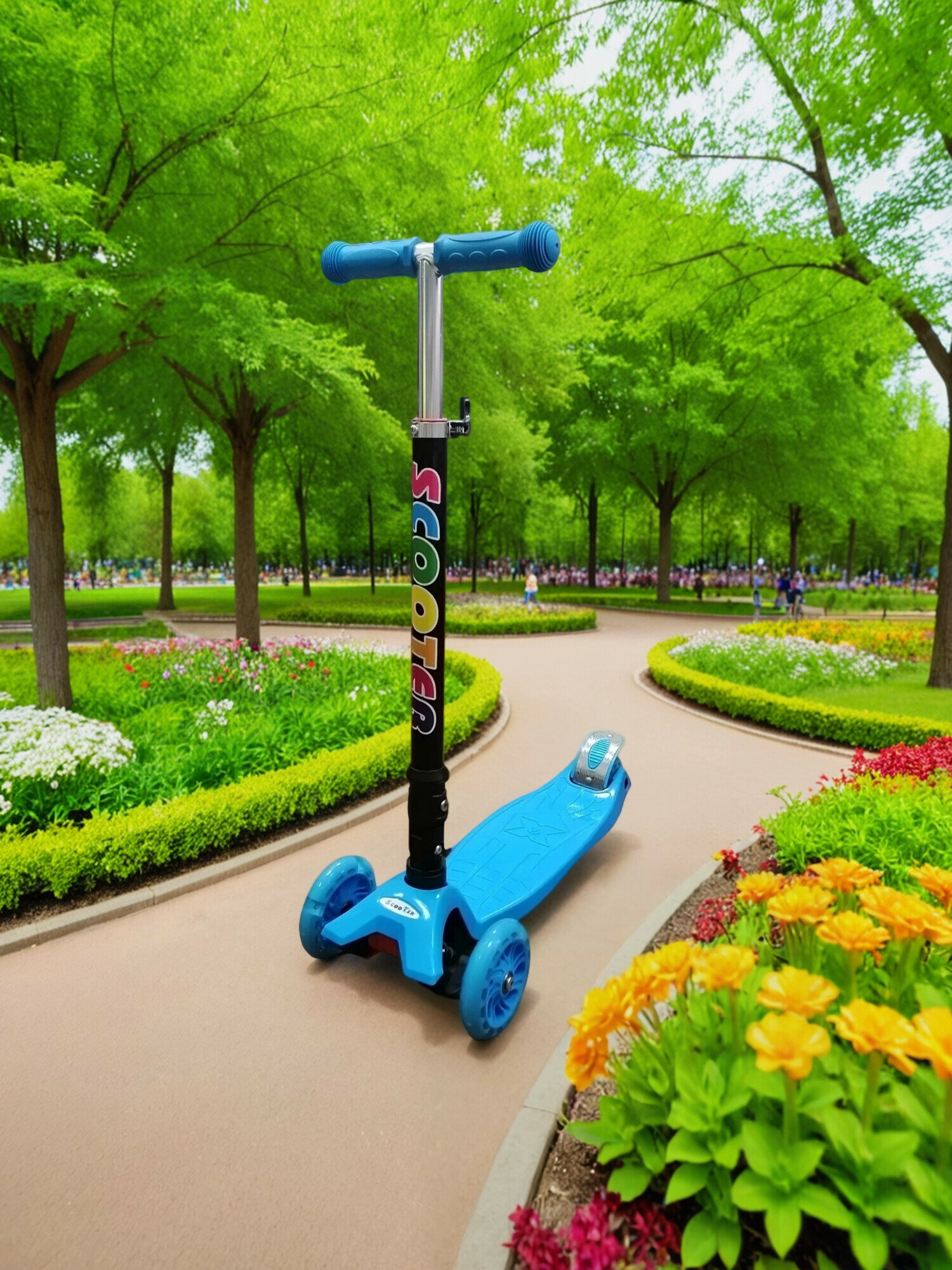 Детский складной самокат Scooter, колеса светятся, руль регулируется, цвет синий