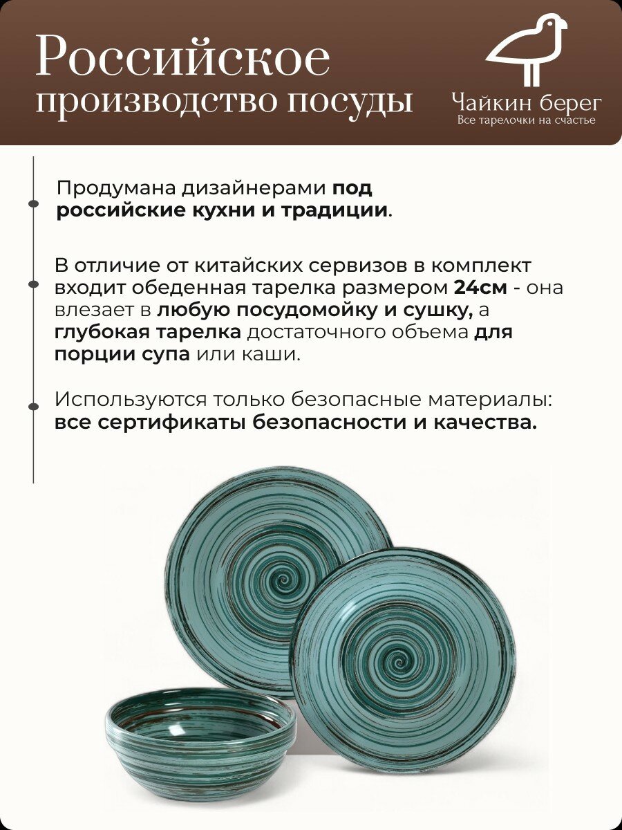 Набор посуды столовой на 6 персон, 18 предметов "Трамантано", фарфор, сервиз обеденный бирюзовый — фото 1
