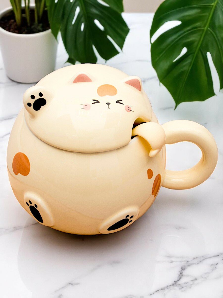 Кружка для чая Котик с лапкой  N 3  бежевый 460 мл Эврика  чашка с крышкой и ложкой  женская  детская  подарочная
