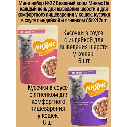 Мини набор №22 Влажный корм Мнямс для выведения шерсти у кошек, кусочки в соусе с индейкой и ягненком, 12 шт х 85 гр