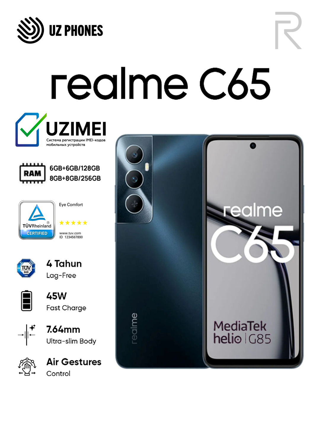 Смартфон Realme C65 Helio G85, IPS, 50MP AI Camera 6.67" 90Hz 45W 5000mAh, IP54, NFC, 6/128 ГБ, черный
