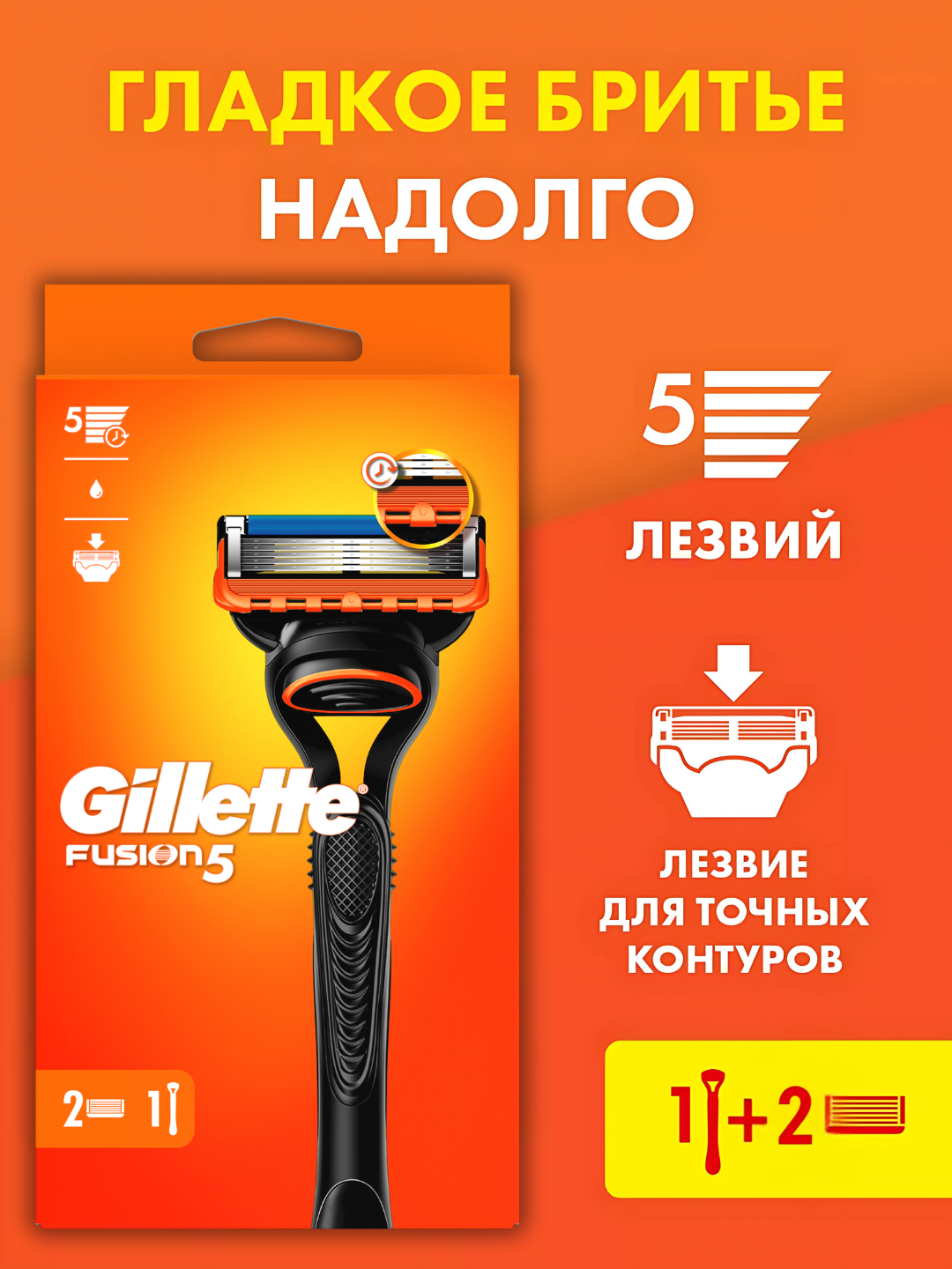 Gillette Fusion5 Бритва c точным триммером для труднодоступных мест, 5 лезвий, +2 кассеты