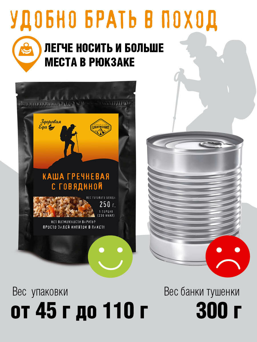 Изображение Каша гречневая Здоровая еда с мясом без варки быстрого приготовления сублимированная для похода, 70 г