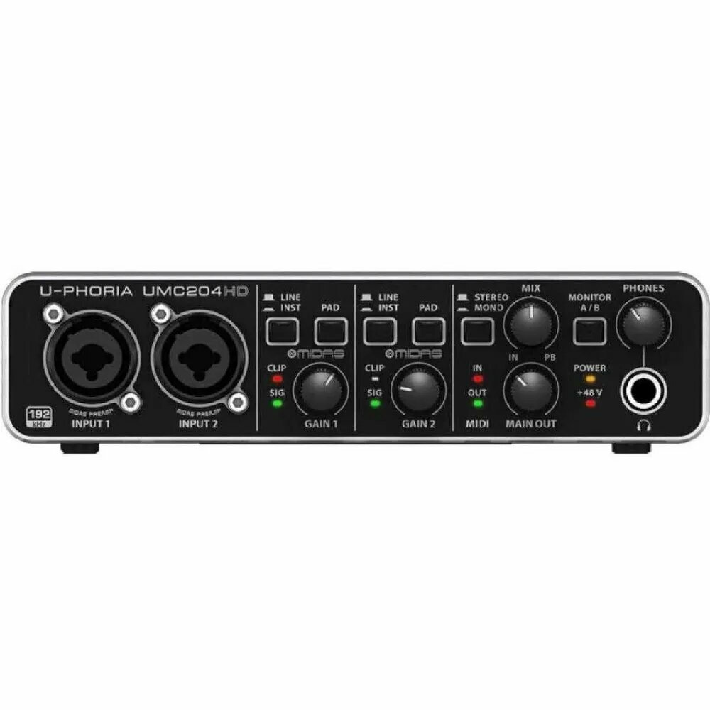 Behringer U-Phoria UMC204HD для аудиофилов, 2x4, 24-разрядный/192 кГц USB аудио/MIDI интерфейс с микрофонным предусилителем Midas — фото 1