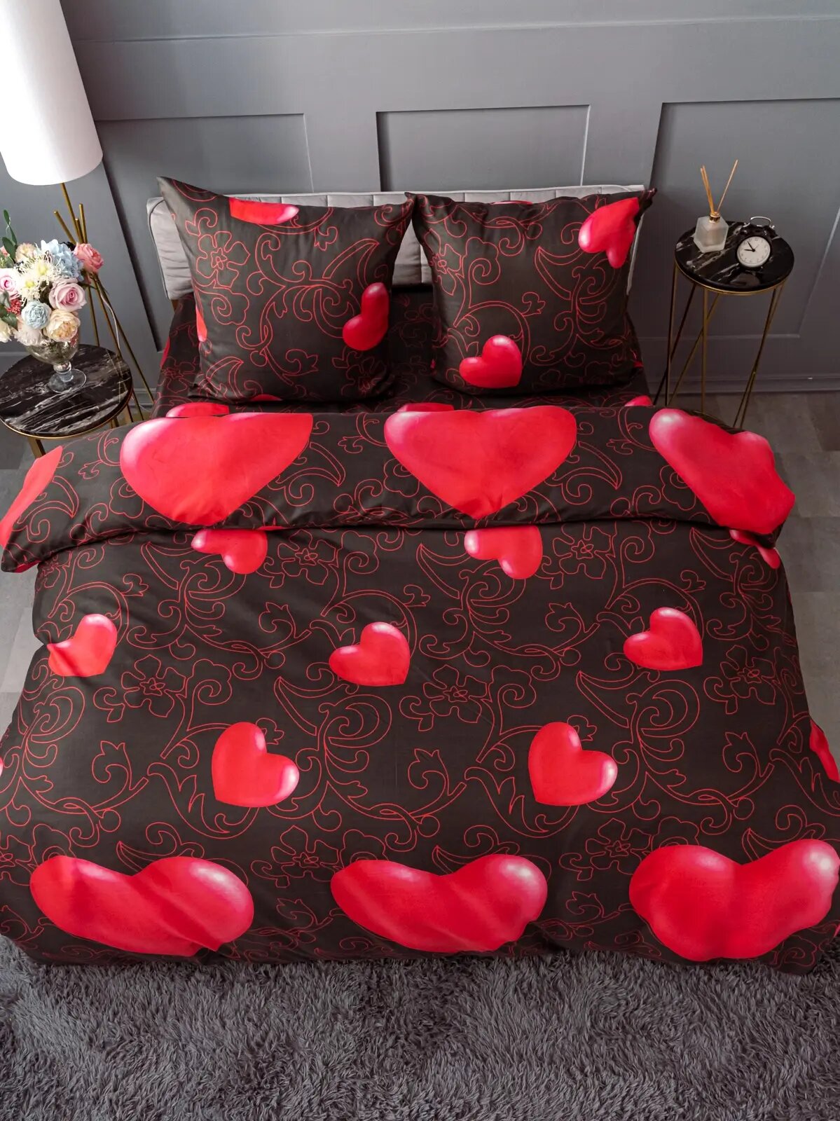 Комплект постельного белья  Павлайн  Евро  полисатин  дизайн  Красные сердца   мягкость и износостойкость