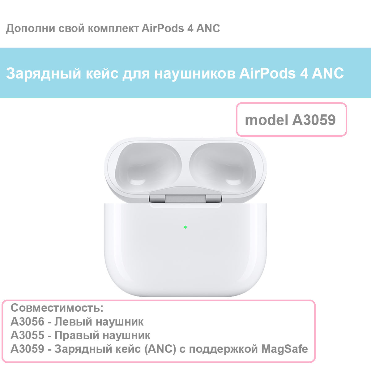 Зарядный кейс Apple для наушников AirPods 4 A3059 ANC с поддержкой MagSafe, белый, новый — фото 1