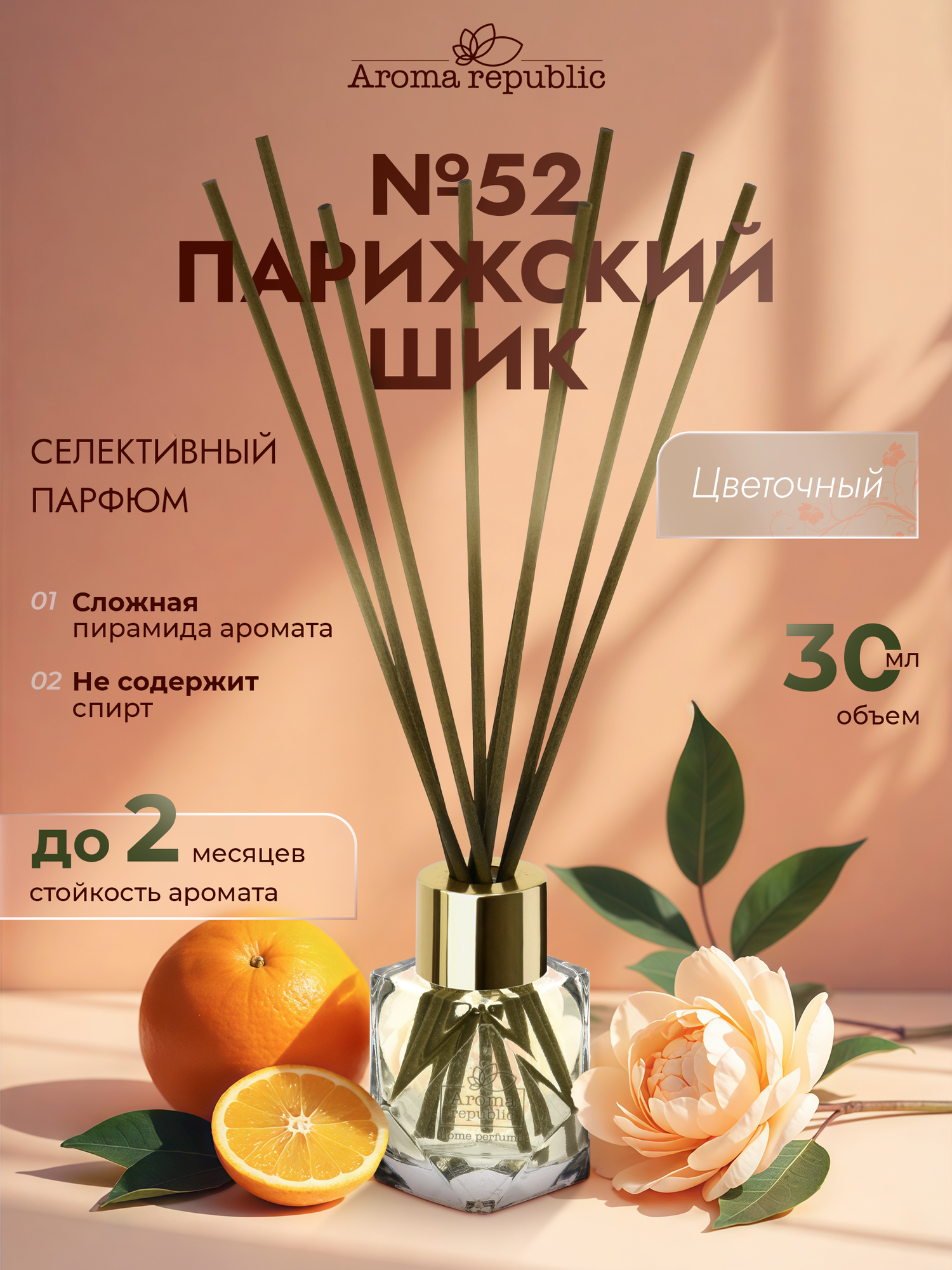 Ароматический диффузор в стеклянном флаконе с палочками 30 мл,"№52 Parisian chic" AROMA REPUBLIC