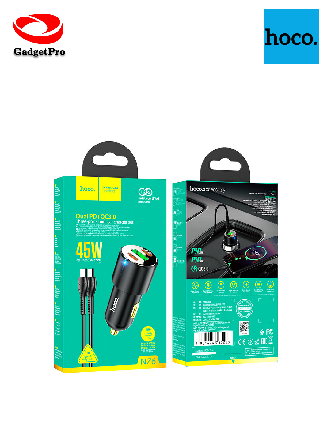 Автомобильное зарядное устройство Hoco NZ6 Type C - Lightning, черный цвет, быстрая зарядка, надежное качество