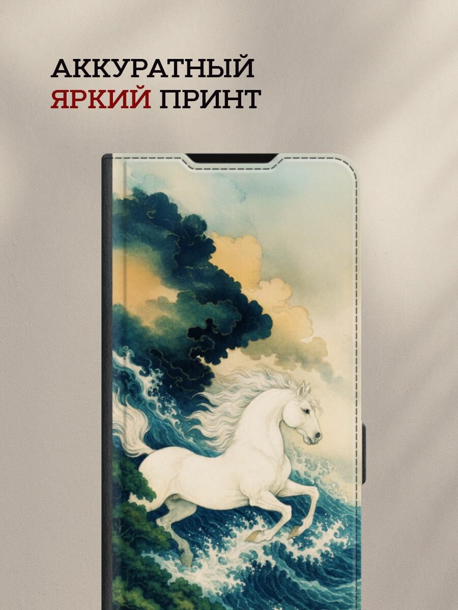 Чехол-книжка на Samsung Galaxy A17 / Самсунг А17 с рисунком Конь на волне, черный — фото 1