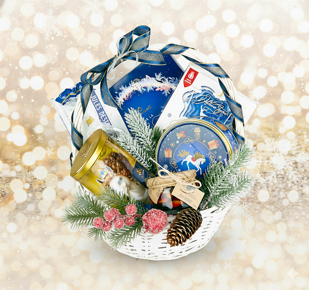 Новогодняя корзина "Конь" с конфетами и чаем