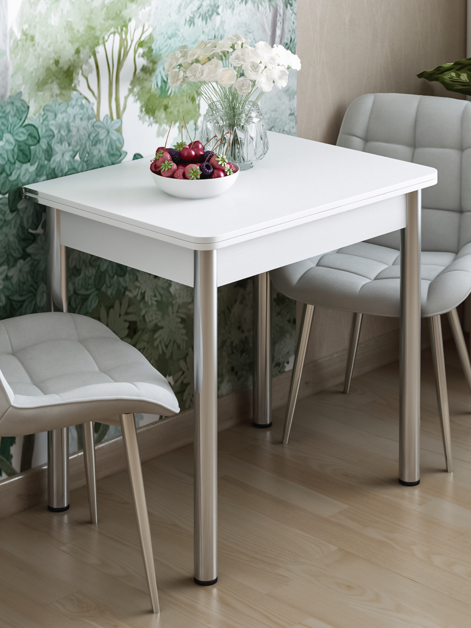 77х58 (116) см Раскладной кухонный стол с ящиком, для кухни, столовой, дачи и дома, с металлическими ножками, белый — фото 1