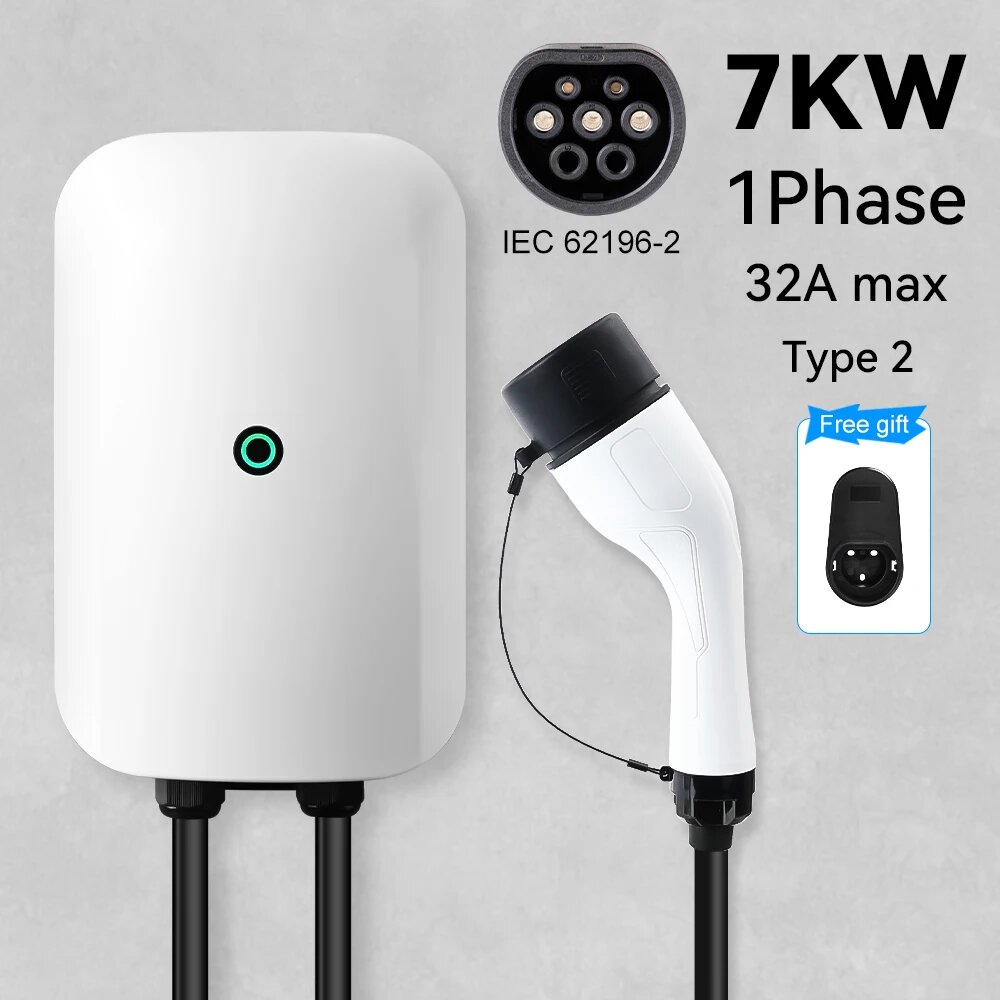 IPENGEN Зарядная станция для электромобилей Type1 Type2 GBT 32A 1-фазная зарядная станция для электромобилей SAE J1772 Зарядное устройство для электромобилей EVSE Wallbox Кабель 5 м, Type2 32A 7KW
