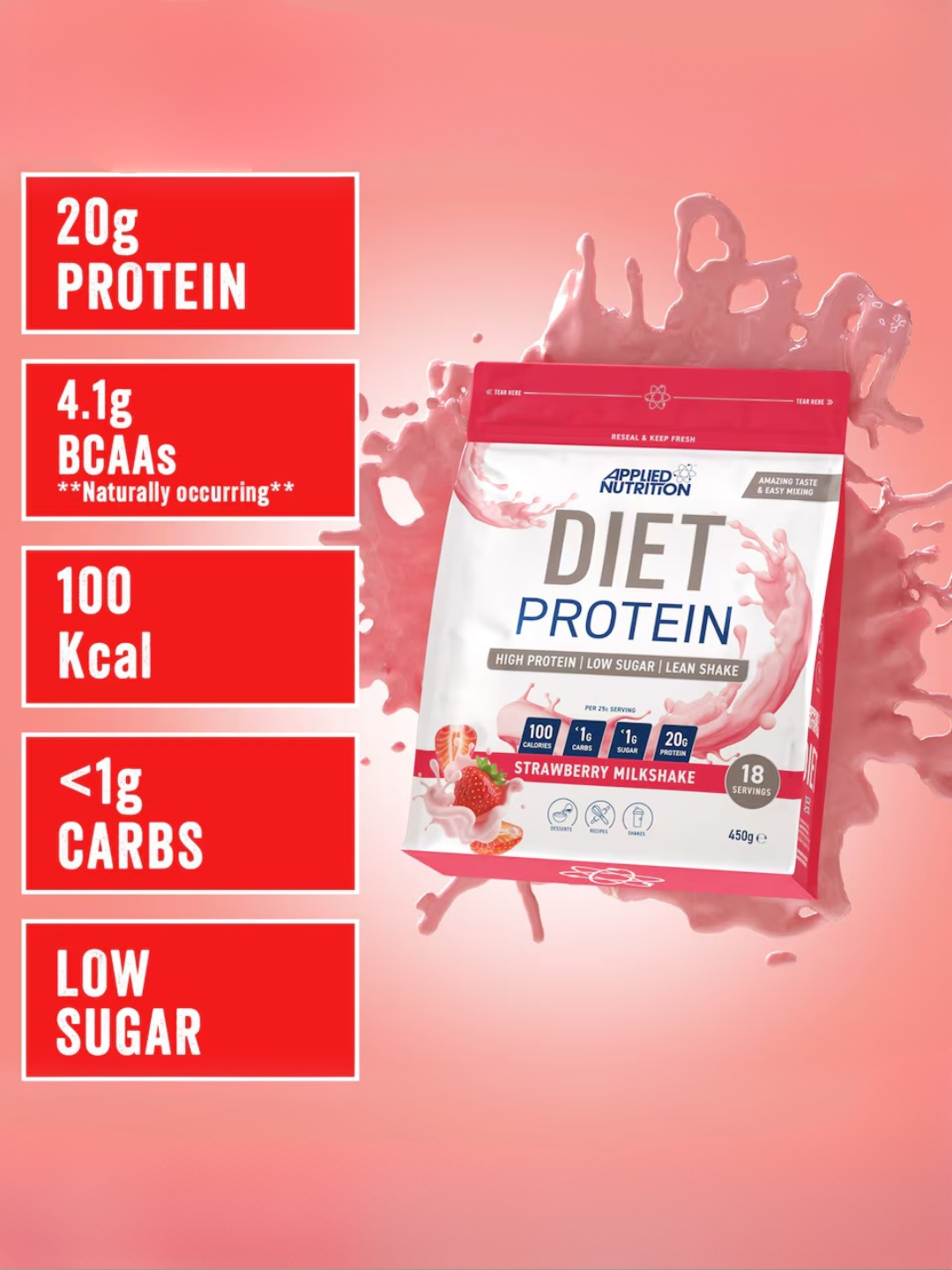 Applied Nutrition Diet Protein high protein low sugar lean shake strawberry milkshake 18 servings 450g
