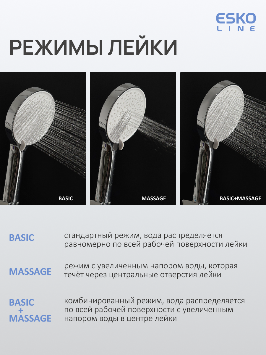 NEW. Лейка для душа, душевая лейка, ручной душ ESKO Line, 3 режима, хром — фото 1