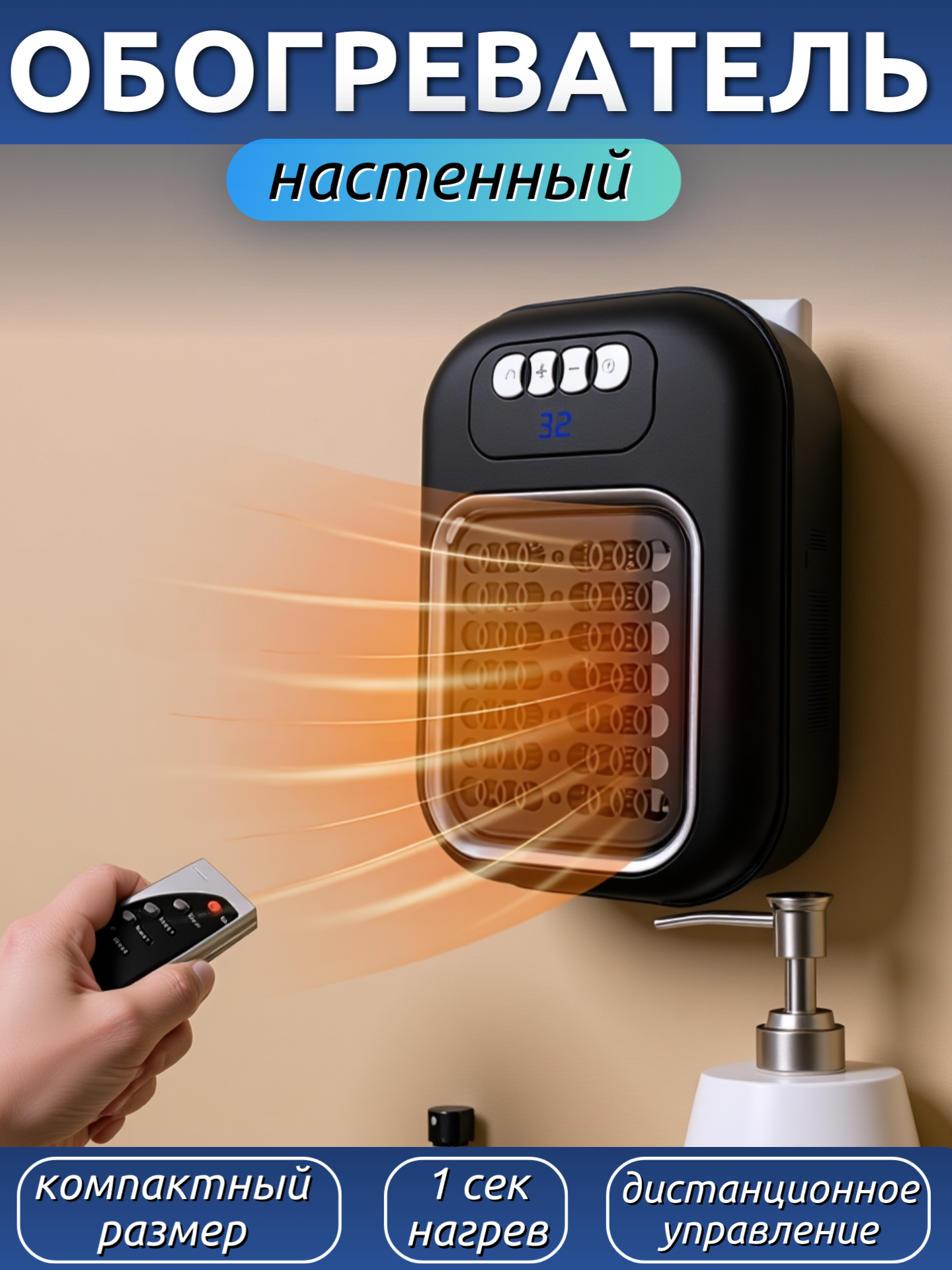 Настенный обогреватель электрический малогабаритный с пультом дистанционного управления LED-подсветка