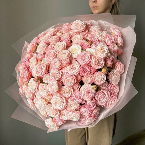 Изображение товара Большой букет из розовых пионовидных роз в авторском оформлении, в коробке и аквабоксе. Veresk327