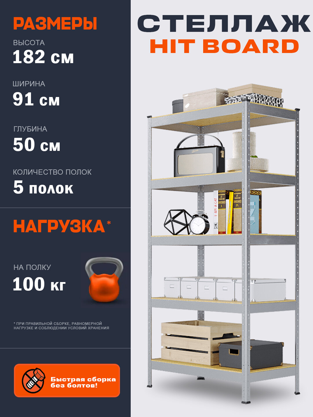 Стеллаж металлический HIT BOARD 912х500х1824/ 5 полок МДФ /оцинкованный