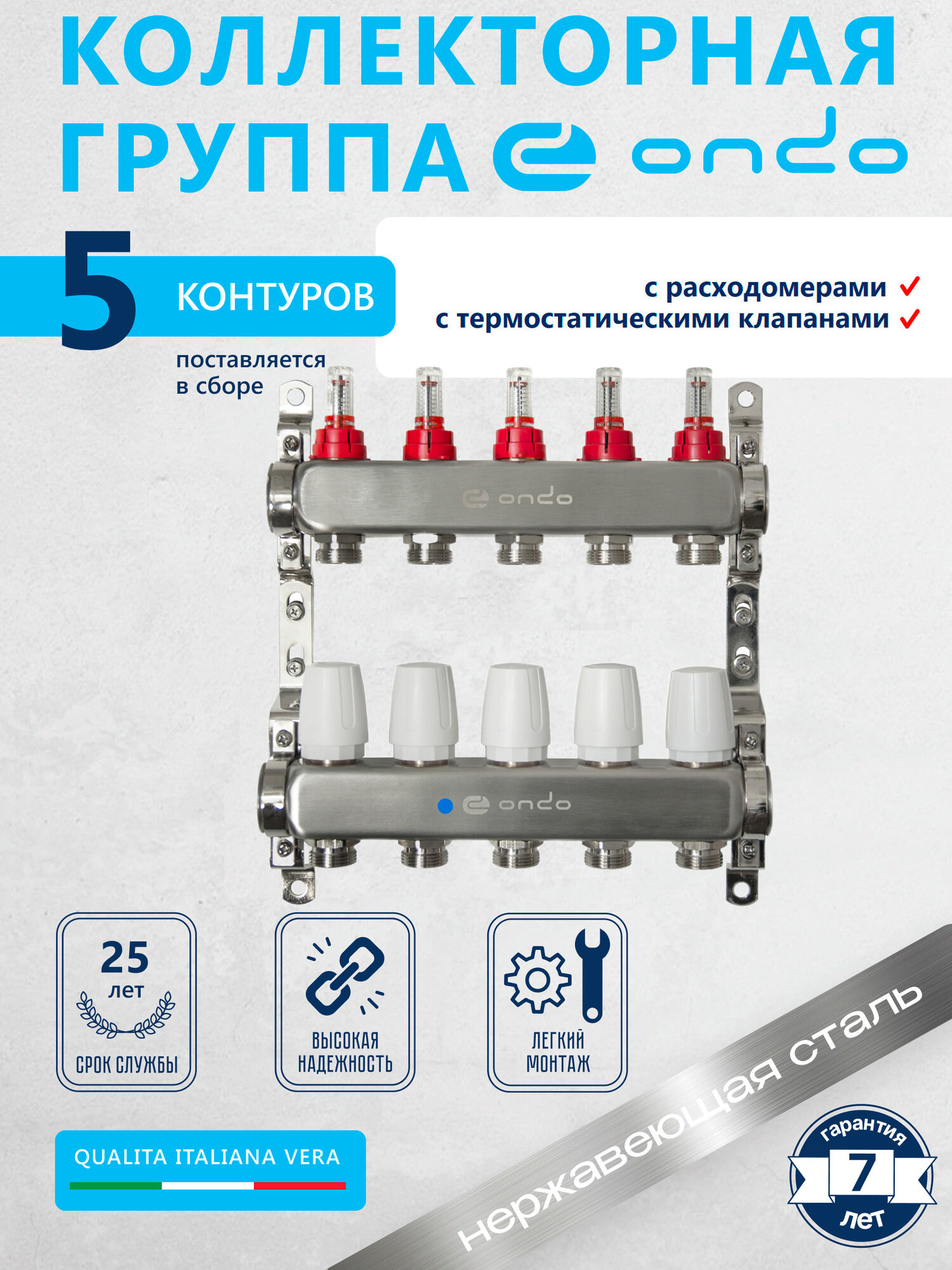 Коллектор для теплого пола на 5 контуров + расходомеры + термостатические клапаны ONDO