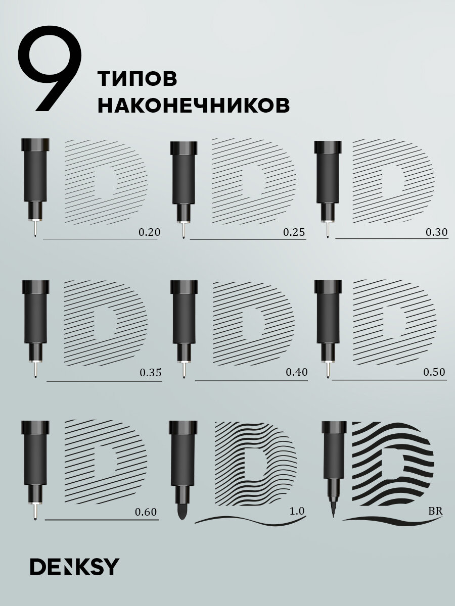 Набор капиллярных ручек линеров DENKSY, 9 шт. 9 типов наконечников — фото 1