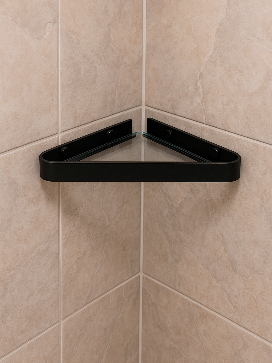 Полка угловая для ванной комнаты стеклянная черный матовый