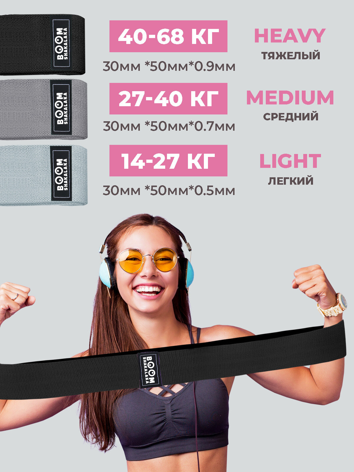 Фитнес-резинки тканевые Boomshakalaka широкие, набор из 3 шт.+мешочек,38 х 8см, нагрузка 10-15кг,14-22кг,20-32кг/эспандеры для йоги/эспандер тканевый — фото 1