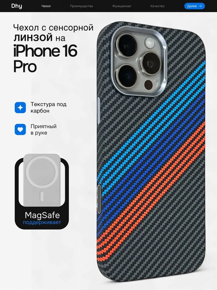 Чехол с карбоновой текстурой, совместимый с MagSafe, для iPhone 16 Pro