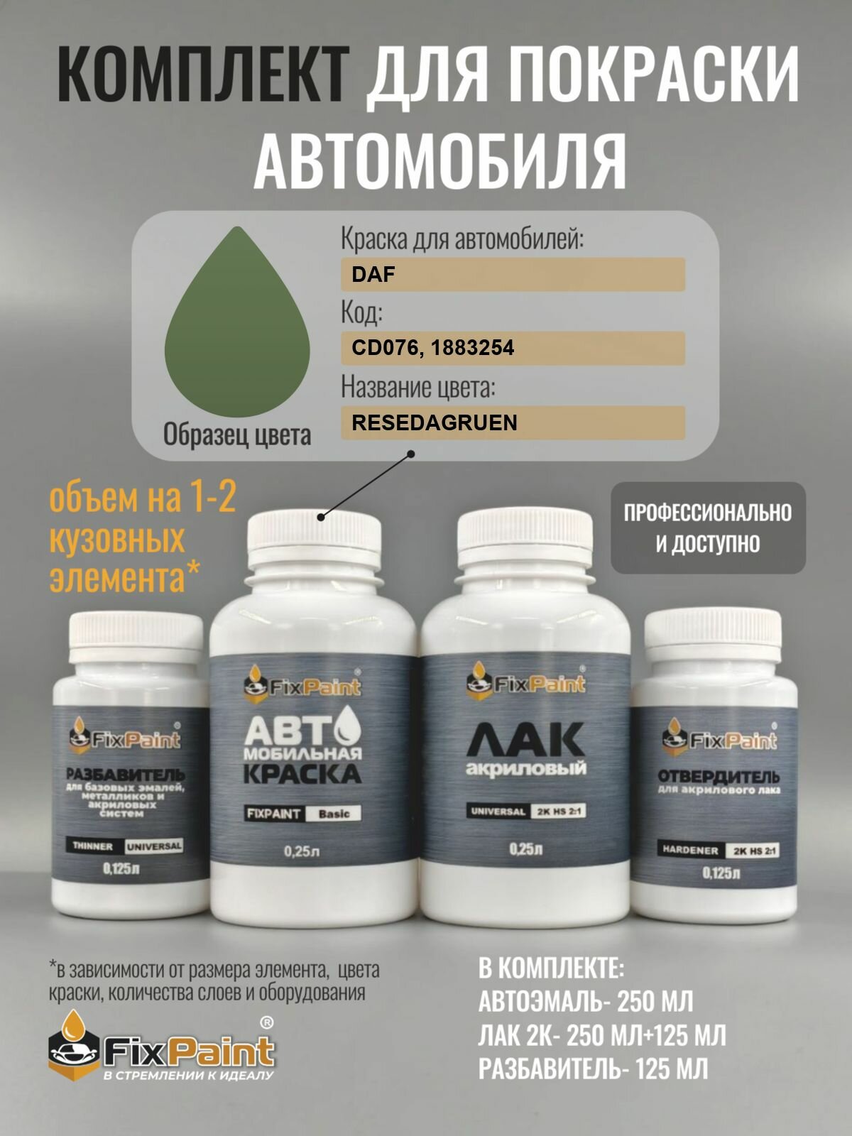 Комплект для покраски DAF, код CD076, 1883254, RESEDAGRUEN, базовая автомобильная эмаль 250 мл, лак 2K 250 мл с отвердителем, разбавитель 125 мл, FixPaint Pro