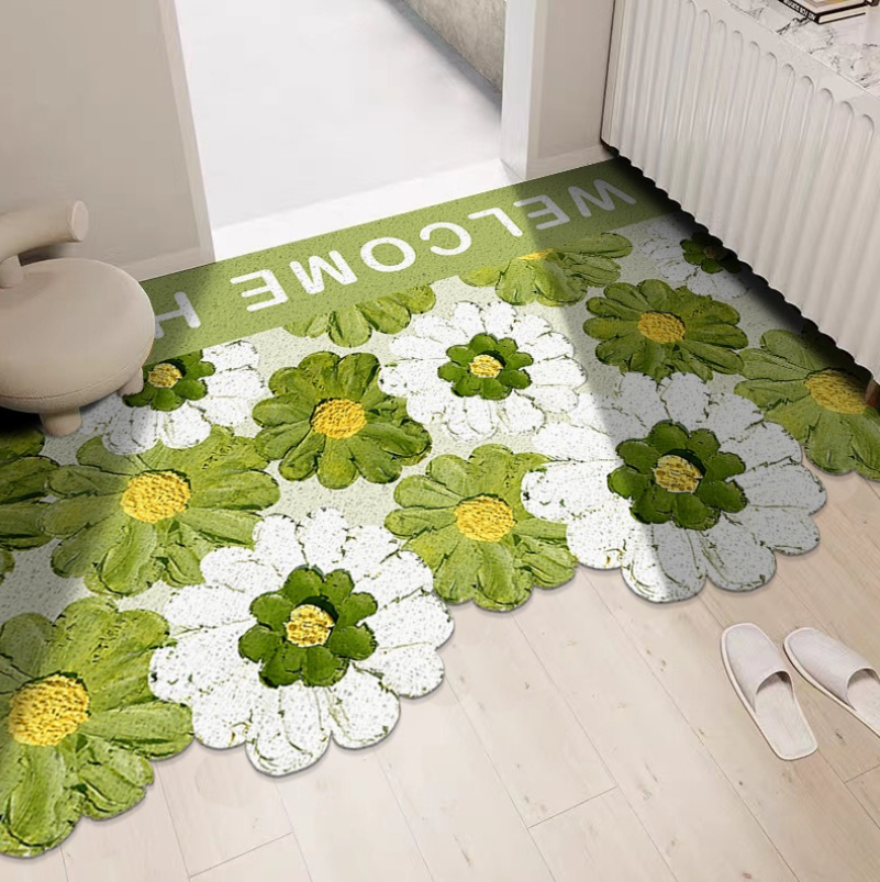 Придверный входной коврик противоскользящий MyPads быстросохнущий обрезной тематика ромашки 60х90см идеально подойдет для прихожей зеленый