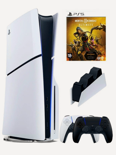 Изображение товара Приставка Sony PlayStation 5 Slim, с дисководом, 1ТБ, зарядная станция, 2й геймпад черный, игра Mortal Combat 11